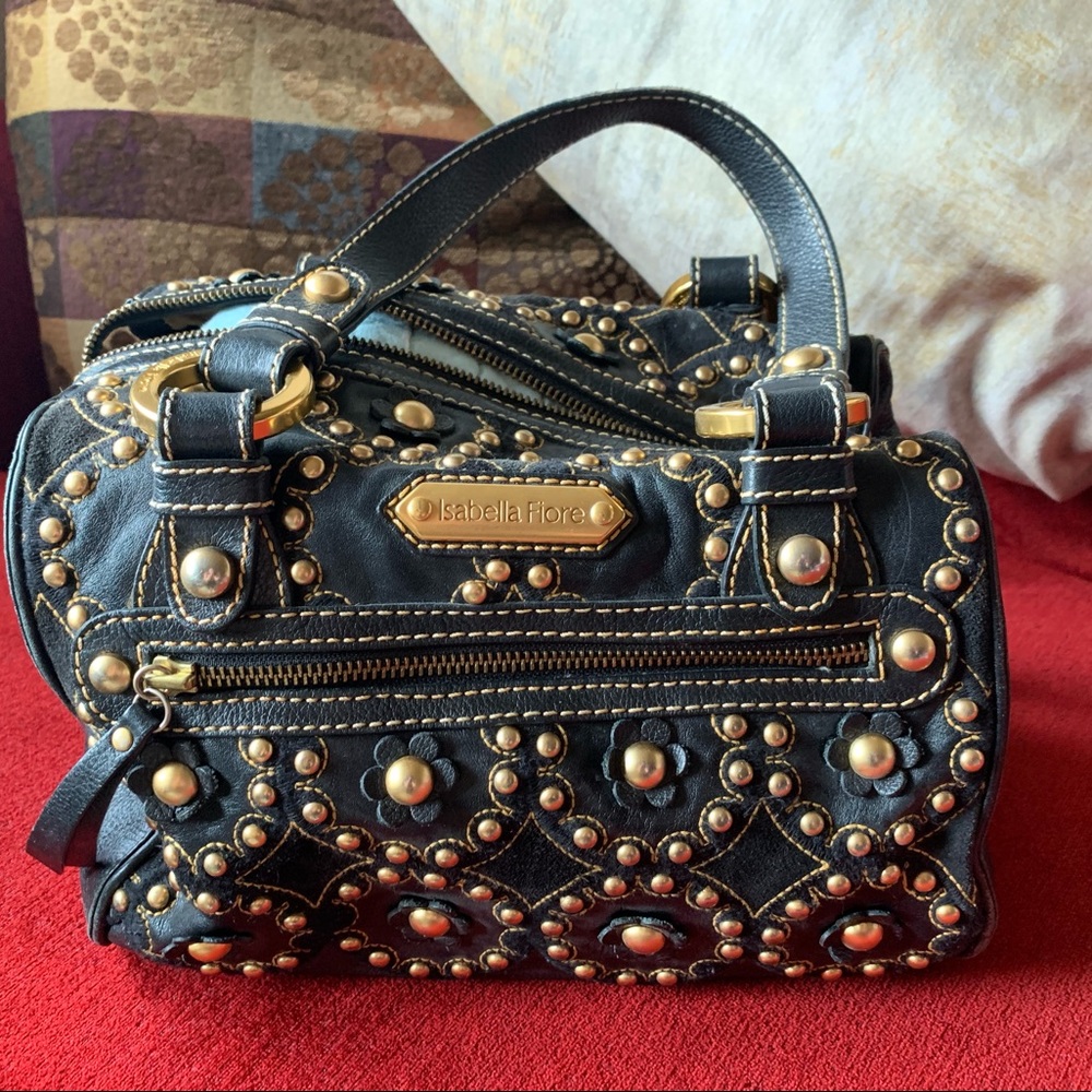 Isabella Fiore Black Leather Handbag w/ Gold Studs